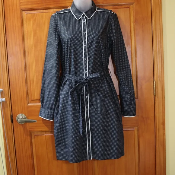 Brooks Brothers Black White Polka Dot Belted Long Sleeve Cotton Dress 10 - Picture 3 of 15